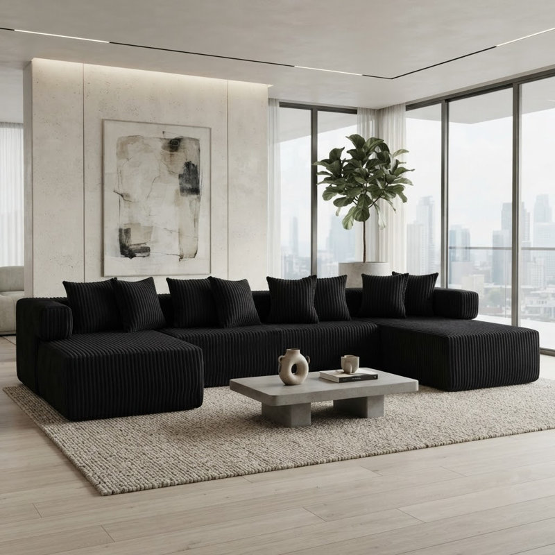 Canapé modulaire 146 po à 5 places en velours côtelé modulaire avec méridienne 146 po, Noir