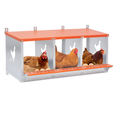 3 - Bay Metal Nest Box Wall Mount For And Ducks With Orange Color, Easy Egg Collection Assembly, Galvanized Steel Coop Equipment, Hen Shaped Ventilation Holes, Natural Coconut Fiber Nesting Pad