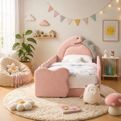 Dinosaur-Shaped Bed with Safety Guardraild, Wood Bed Frame for Bedroom