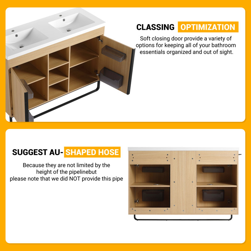 Meuble-lavabo double autoportant 48 po avec lavabo en résine, meuble-lavabo sur pied 48 po avec 2 portes et 4 tablettes
