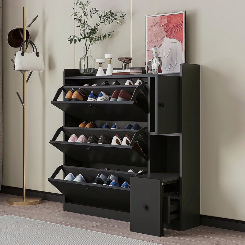 Armoire à chaussures polyvalente à basculement avec 3 tiroirs rabattables, rangement de rangement maximum pour le hall d'entrée avec tiroir, étagère à chaussures autoportante avec siège escamotable pour le couloir