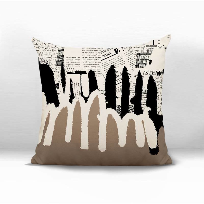 Oreiller carré réversible intérieur / extérieur Kisha, H 15 po x l 15 po, Beige / noir / blanc cassé abstrait