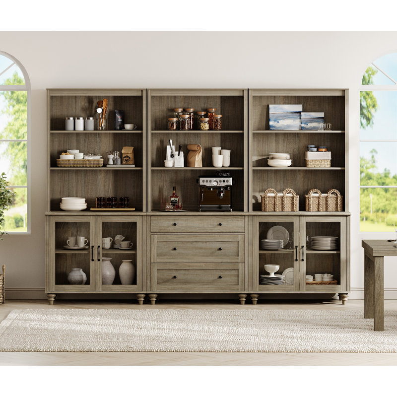 Armoire de cuisine de 72,1 po de hauteur avec 3 tiroirs et 4 portes en verre, gris délavé