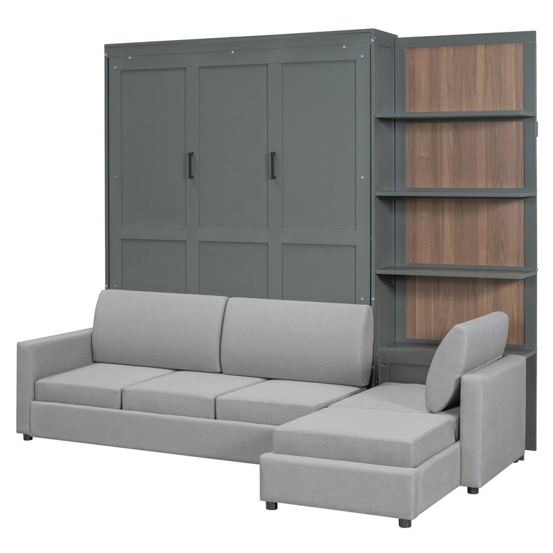 Grand lit escamotable mural avec canapé et tablettes - Lit de rangement compact pour petits appartements, gris, Gris