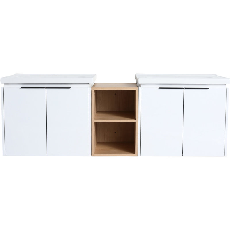 60" White Bathroom Vanity With Shelves And Ceramic Basin - Classic Look Wall Mounted Sink Cabinet Elegant Option