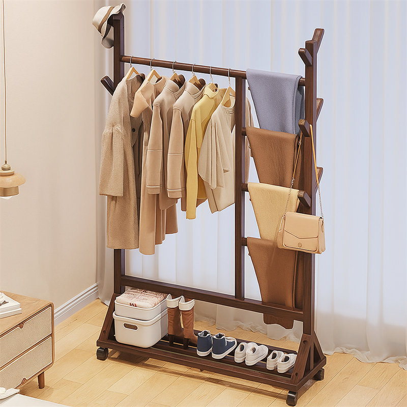 Portant à vêtements en bambou avec roulettes 24 po, Noyer