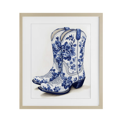 Blue Chinoiserie Cowboy Boots Framed Print Under Glass, design by Heidi Kuntz