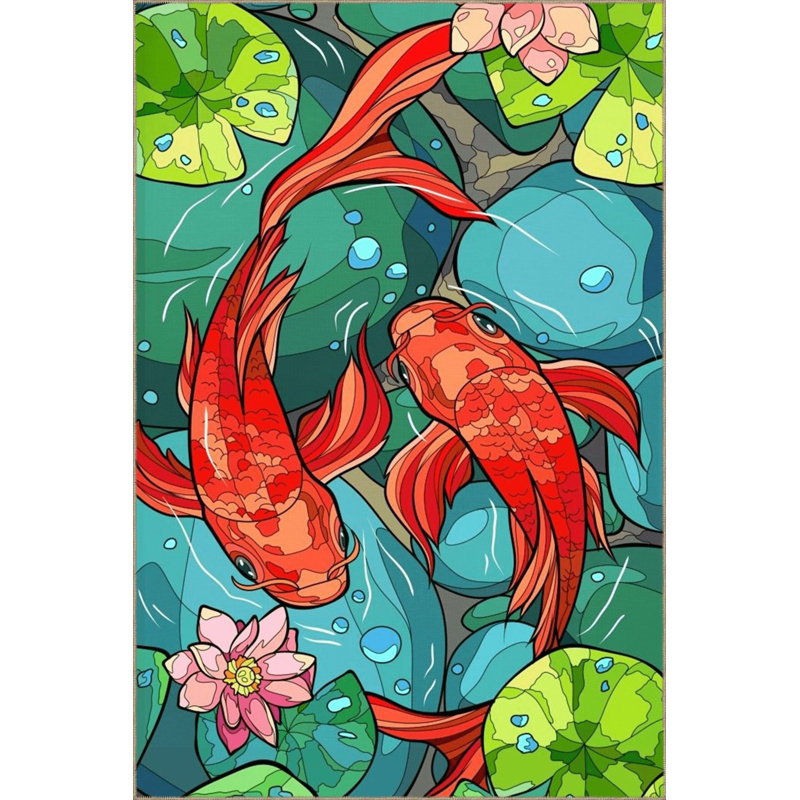 Tapis multicolore à motif de roche et de poisson Koi, Rectangle 5 pi 1 po x 7 pi 7 po