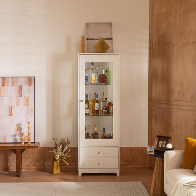 71'' Freestanding Wine Cabinet With 180° Panoramic View, Upholstered Elements, 2 Storage Drawers, Glass Door, Adjustable Shelves, 5 Colors Led Ceiling - White Display Pantry, , View For Livingroom