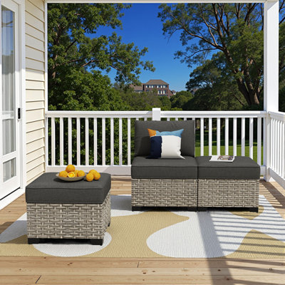3-piece Armless Outdoor Pe Wicker Patio Chair Set With 2 Multifunctional Ottomans And Cushions