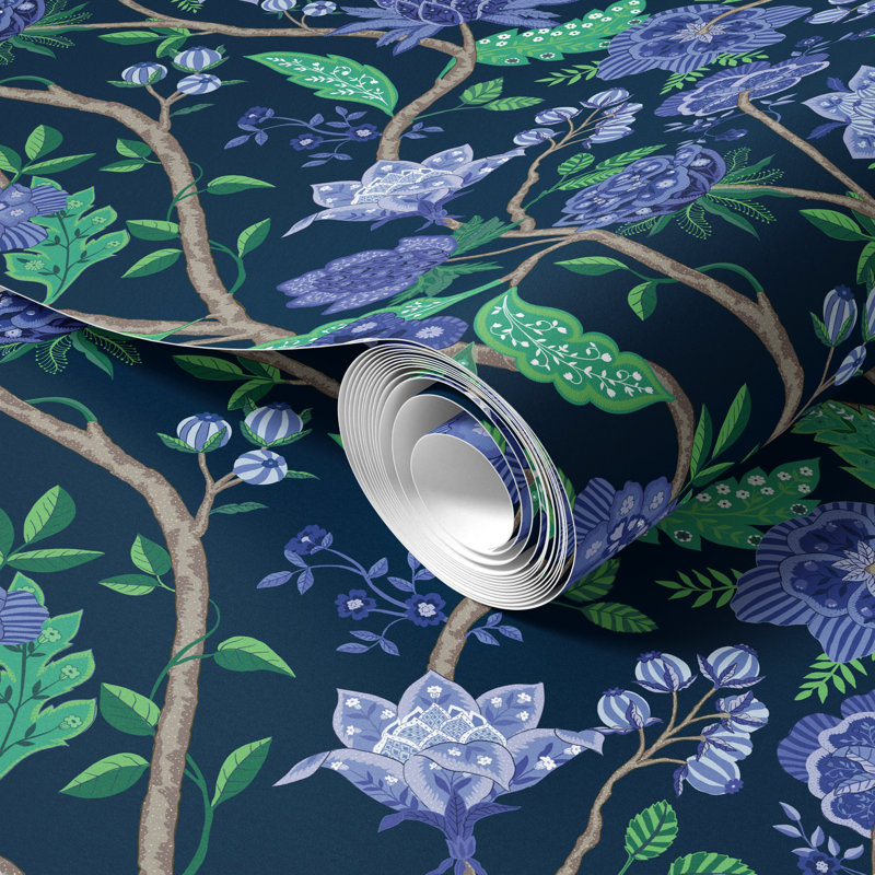 Papier peint floral botanique bleu marine, H 125 po x l 25 po, vinyle autocollant, H 125 po, Vinyle peler et coller