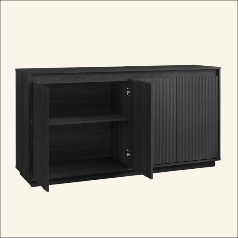 Buffet à 4 portes en bois avec prise de courant, armoire d'appoint à texture verticale ondulée avec conception sans poignée (bord de porte comme poignée), armoire de rangement de cuisine autoportante pour la salle à manger
