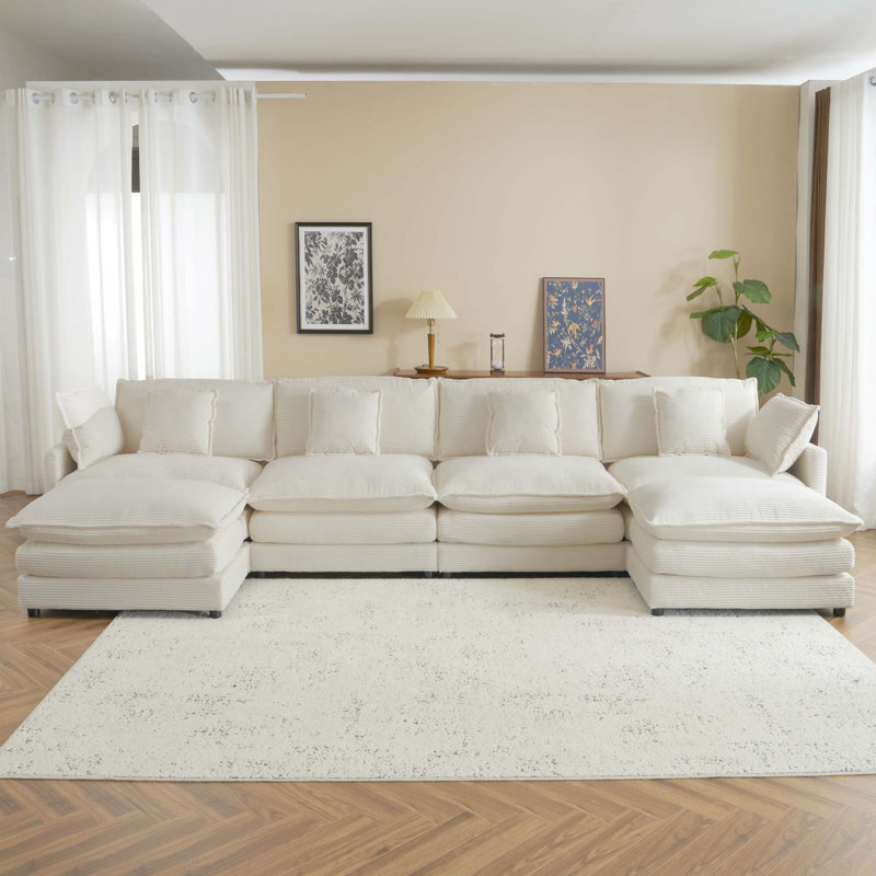 Canapé modulaire en velours côtelé, Velours côtelé beige, H 35,4 po x l 149,6 po x P 57,1 po