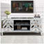 Meuble télé en miroir pour téléviseurs de 65 pouces et plus, console argentée avec tablettes ouvertes et portes miroir scintillantes pour le salon