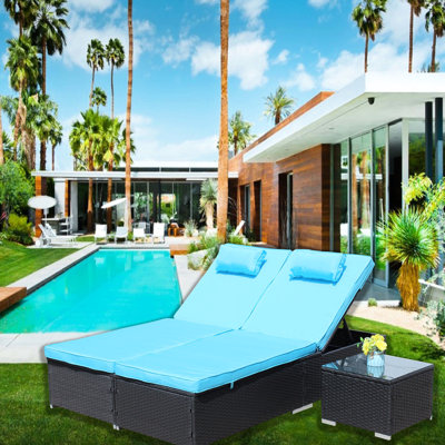 3 chaises longues d'extérieur - Fauteuil inclinable avec coussins, dossier réglable, table basse de patio en verre, chaise longue inclinable Blue Garden, chaise rembourrée, table en verre, pour le plaisir