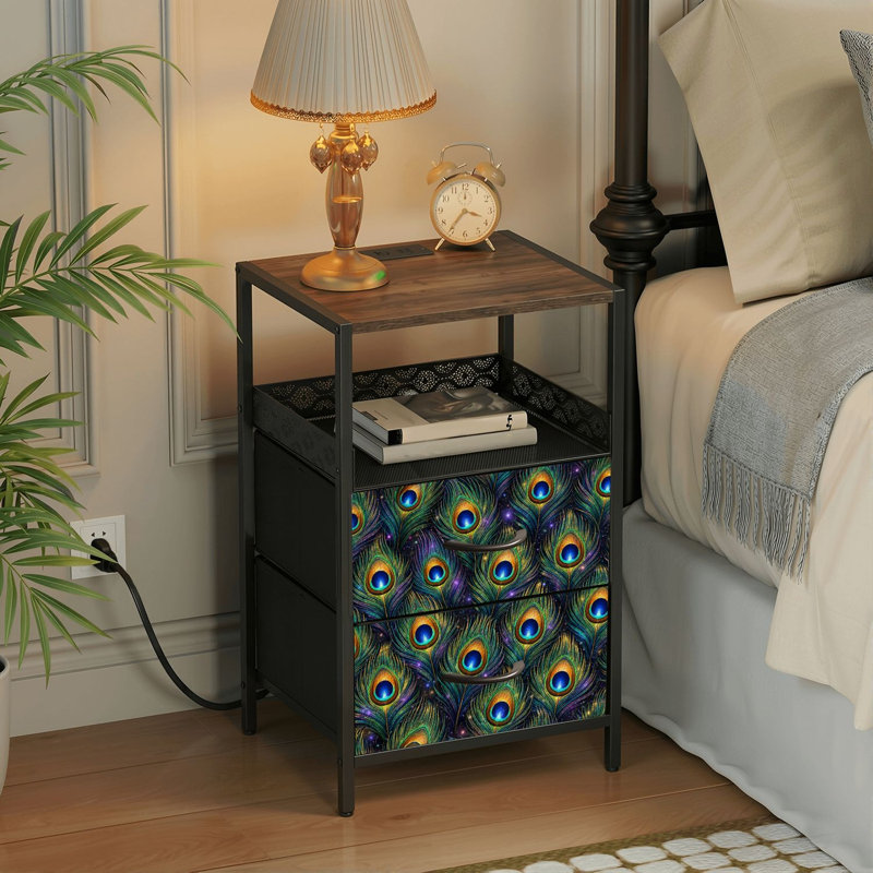 Table de chevet 2 tiroirs avec station de charge, table de chevet de chambre à coucher avec ports USB et prises USB
