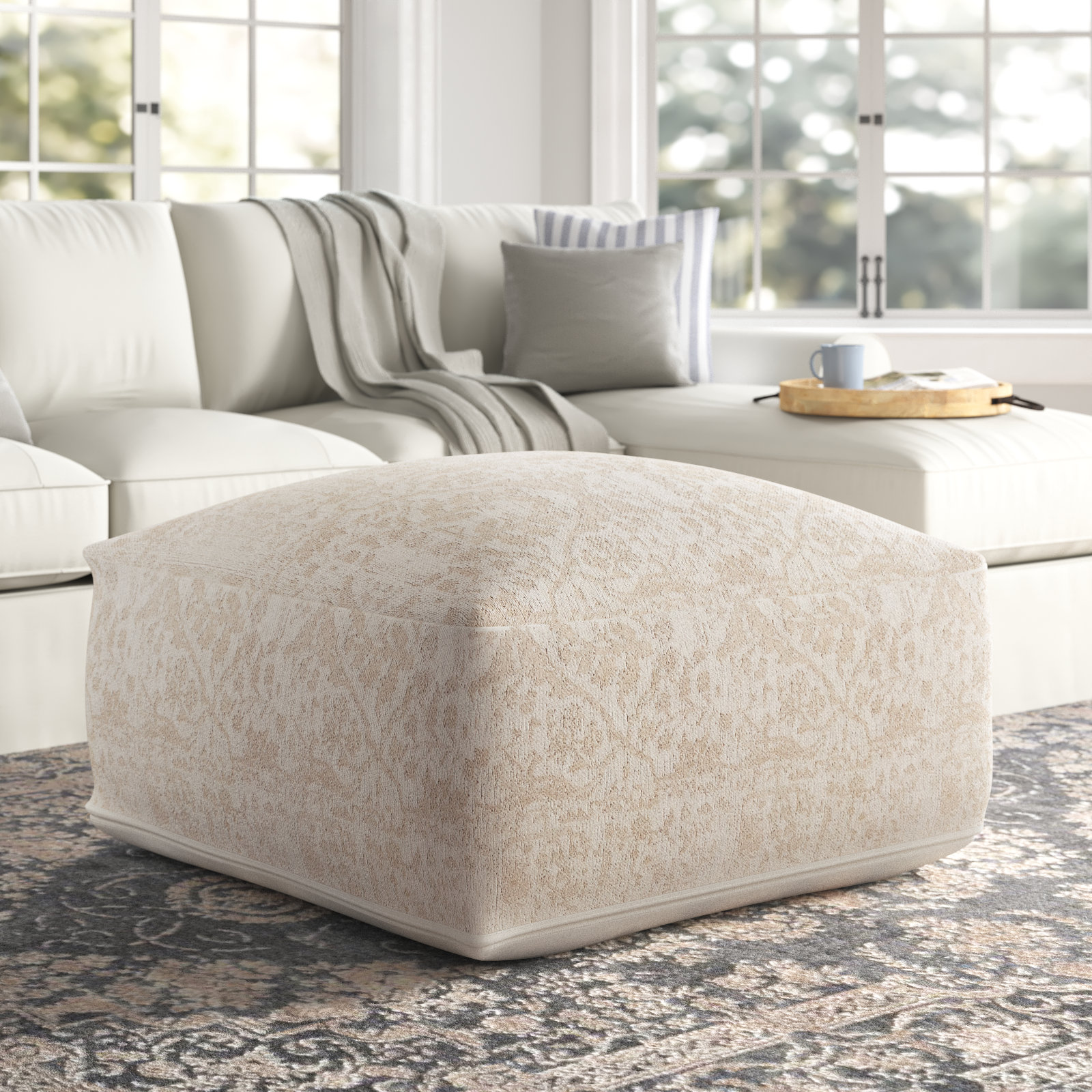 Katya Upholstered Pouf, Cream Polyethylene Terephthalate