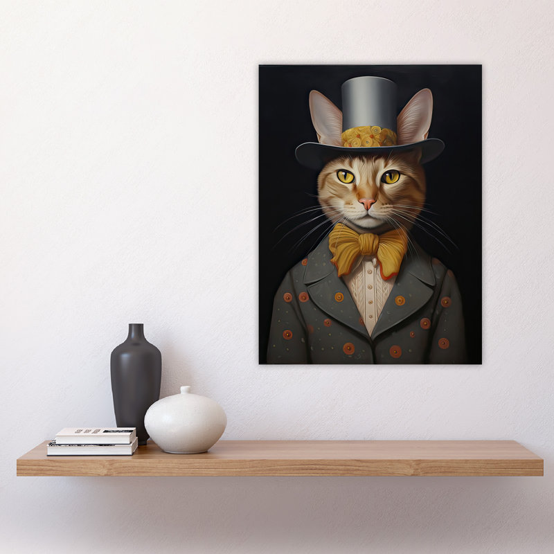 Wall Art Print Mr Buttons Oil Painting Tan Grey Elegant Cat Portrait with Bow Tie and Top Hat Poster