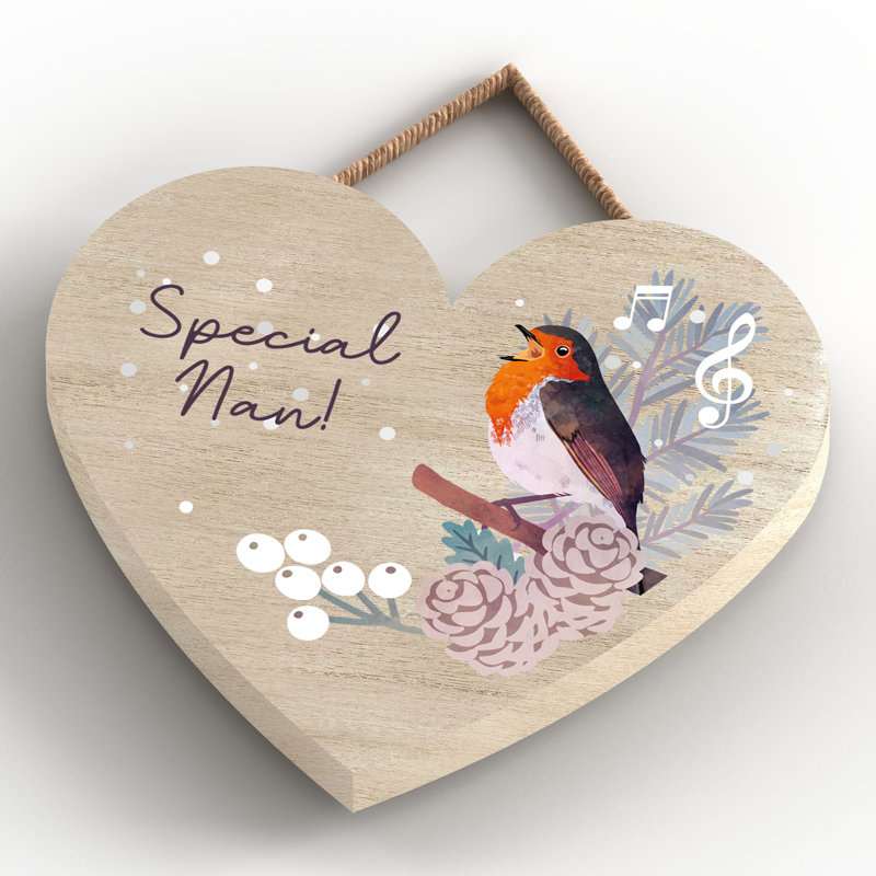 Special Nan Festive Robin Christmas Heart Wooden Plaque Vivid Squid Wholesale Wall Decor