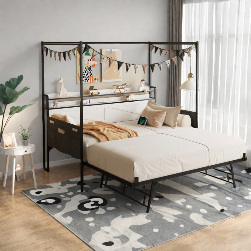 Space-saving Twin Beds Frame With Metal Trundle, Modern White Design