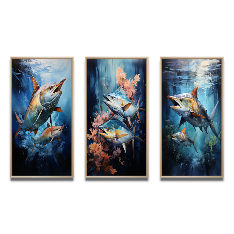 " Fishing Majestic Marlins Jumping " 3 - Pieces, Natural Framed, 40" H x 60" W