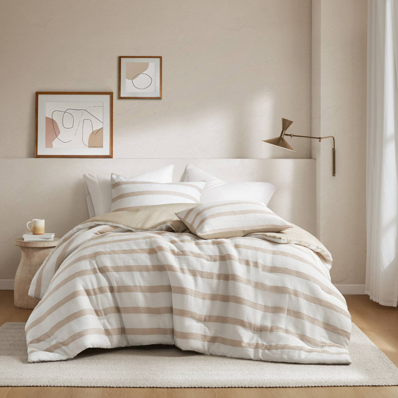 Édredon rayé teint en fil, Édredon grand et 2 taies décoratives, Taupe/White