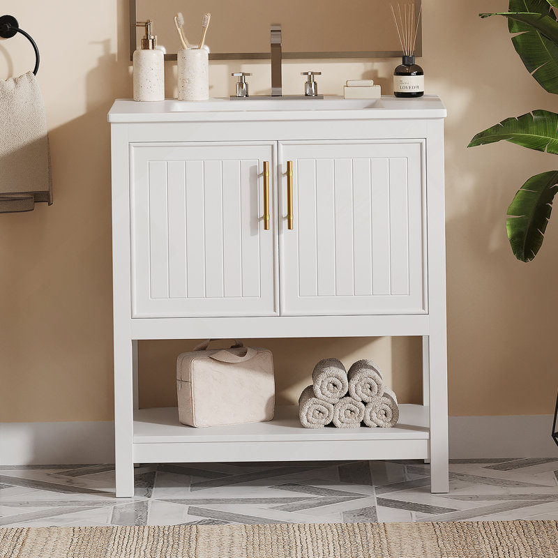Meuble-lavabo de salle de bain avec lavabo en céramique et rangement polyvalent, Blanc