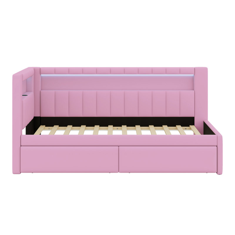 Upholstered Platform Bed With USB Ports And LED Belt, With 2 Drawers, Pink