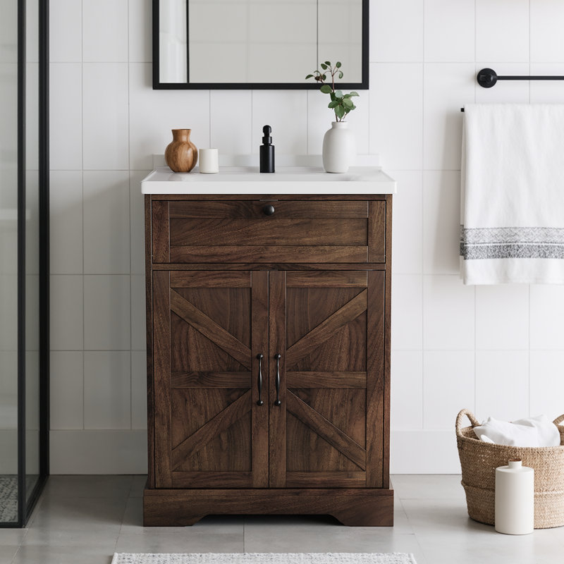 Meuble-lavabo de 23,6 po avec comptoir intégré, armoire de rangement avec tiroir rabattable et portes, Brun