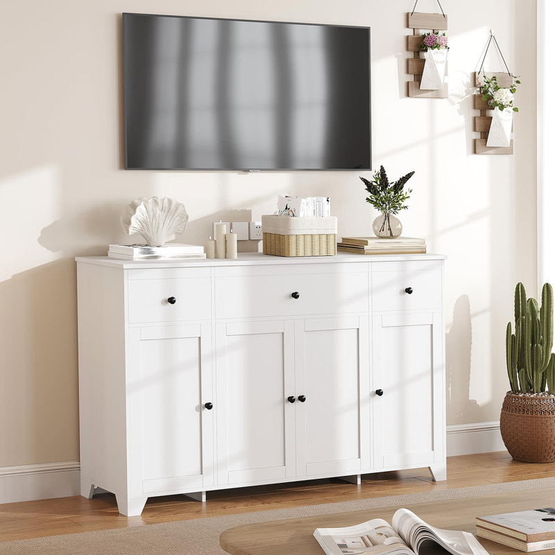 55" Sideboard Buffet Cabinet with Storage, Minimalist Kitchen Storage Cabinet with 3 Drawers & 4 Doors, Farmhouse Buffet Console Table Coffee Bar with Adjustable Shelf for Kitchen