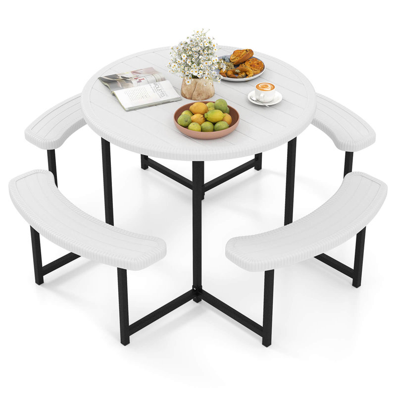 Round Picnic Table Bench Set With 4 Benches Umbrella Hole All Weather Tabletop, White