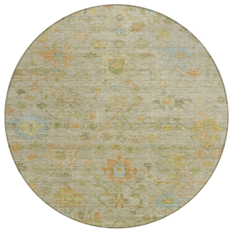 Machine Washable Indoor/Outdoor Xhevrie Khaki Rug, Round 8'
