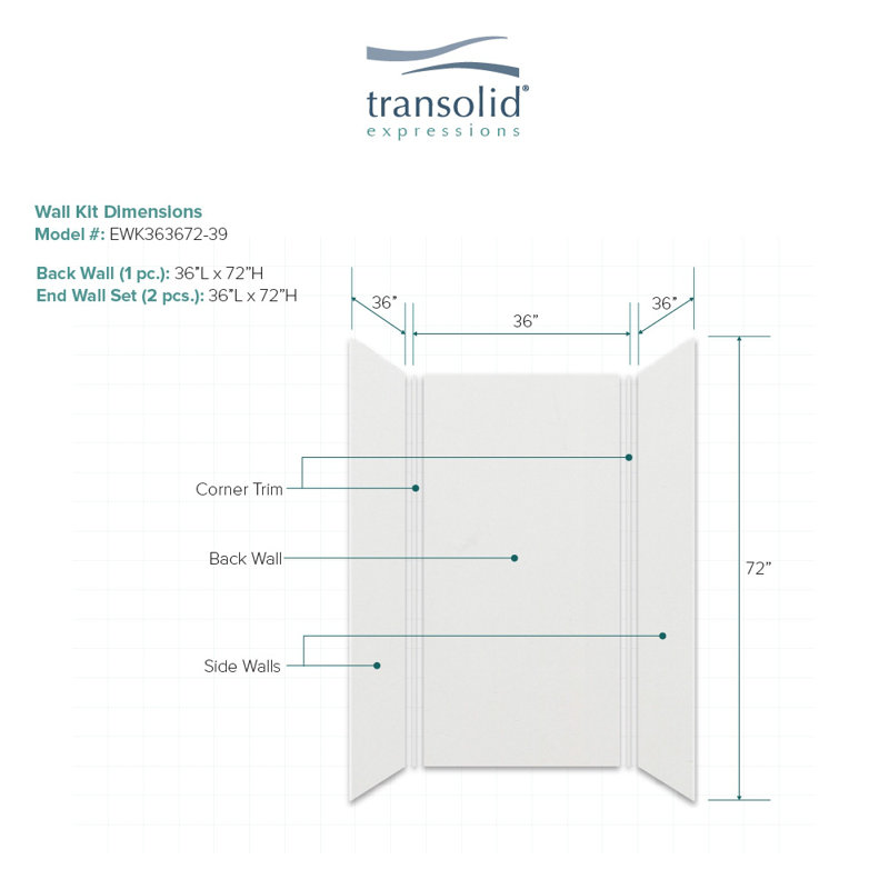 Paroi de douche à 3 panneaux l 48 po x P 36 po Expressions, Gris, H 72 po x l 36 po x P 36 po