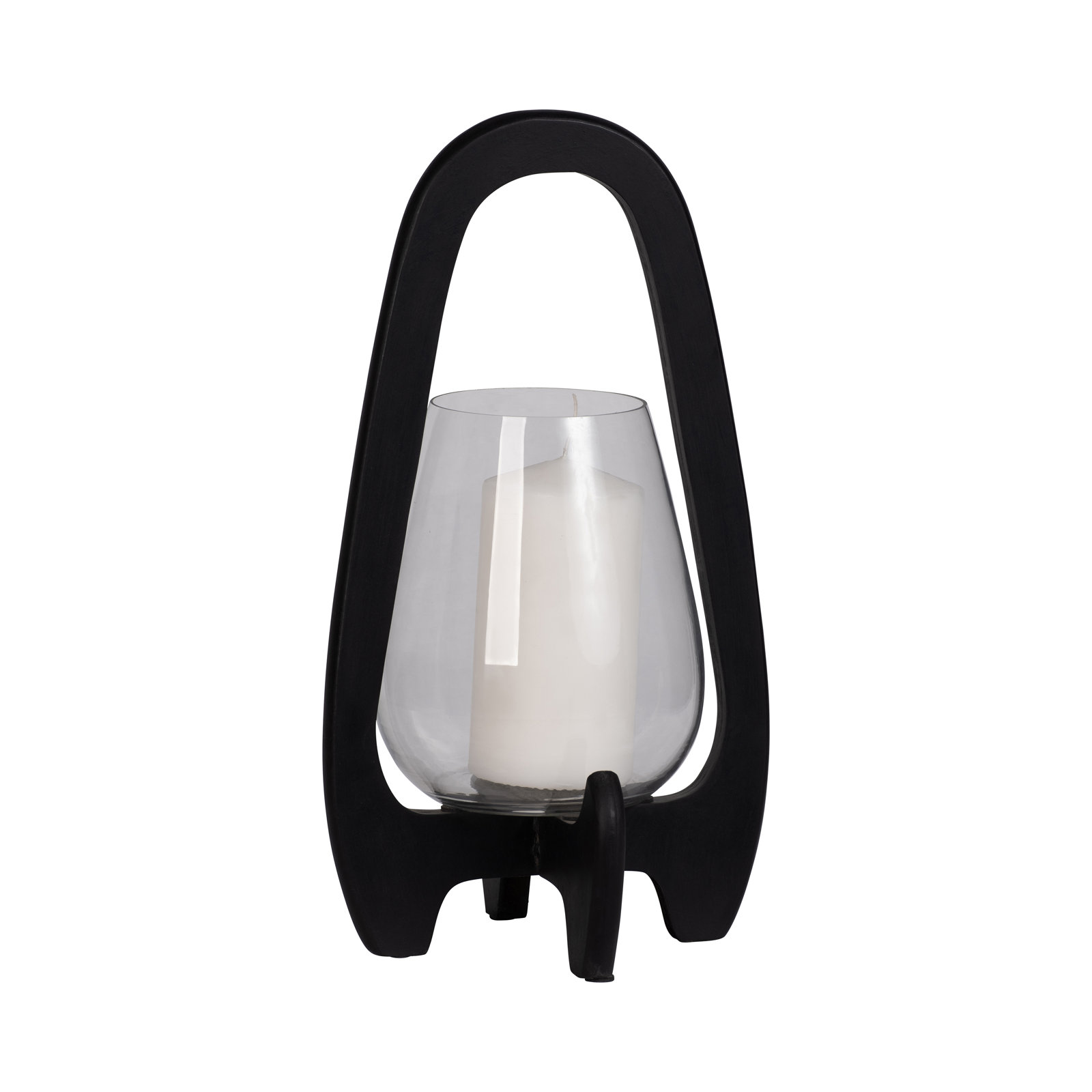 Sculpted Wood Glass Hurricane Lantern, For Decorative Use, Mango Wood and Glass, 15" H x 8" W x 8" D, Black
