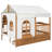 Full Size Kids House Bed with 2 Large Storage Drawers, Side Bookshelf & LED Lights, Walnut-1427576866