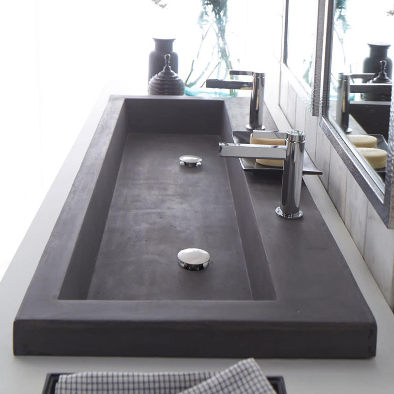 Trough Concrete Handmade Rectangular Drop-in Bathroom Sink, Two Holes Faucet, Charcoal