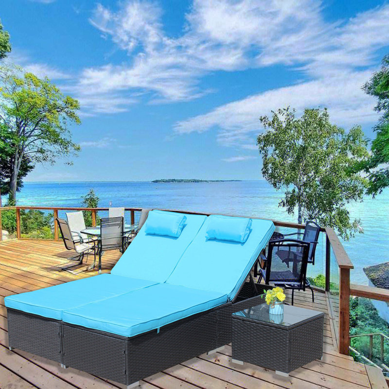 3-Piece Outdoor Patio Furniture Set Chaise Lounge, Patio Reclining Rattan Lounge Chair Chaise Couch Cushioned With Glass Coffee Table, Adjustable Back And Feet, Lounger Chair For Pool Garden, Blue
