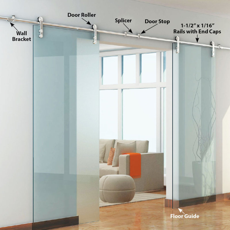 Sliding Rolling Door Hardware Kit for Double Glass Doors w/ Fittings(2-Piece Rails)