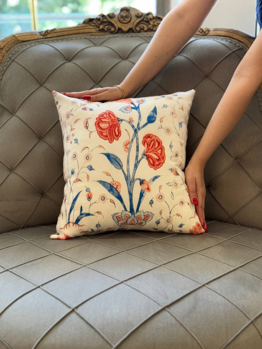 Pasargad Turkish Fine Silk tropical Pillow 16", 16"H x16"W, White/Rust/Malibu Floral