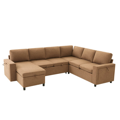 U-Shaped Convertible Sectional Sofa Bed with Storage, USB Charger & Cup Holders, Chenille Upholstered Sleeper Couch for Living Room, Brown