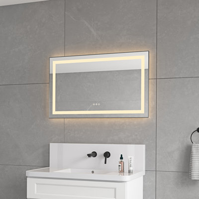 Miroir de salle de bain 40 po x 24 po à DEL avec façade et rétroéclairage, miroir de meuble-lavabo mural avec cadre en aluminium, antibuée, mémoire, 3 couleurs, gradation continue