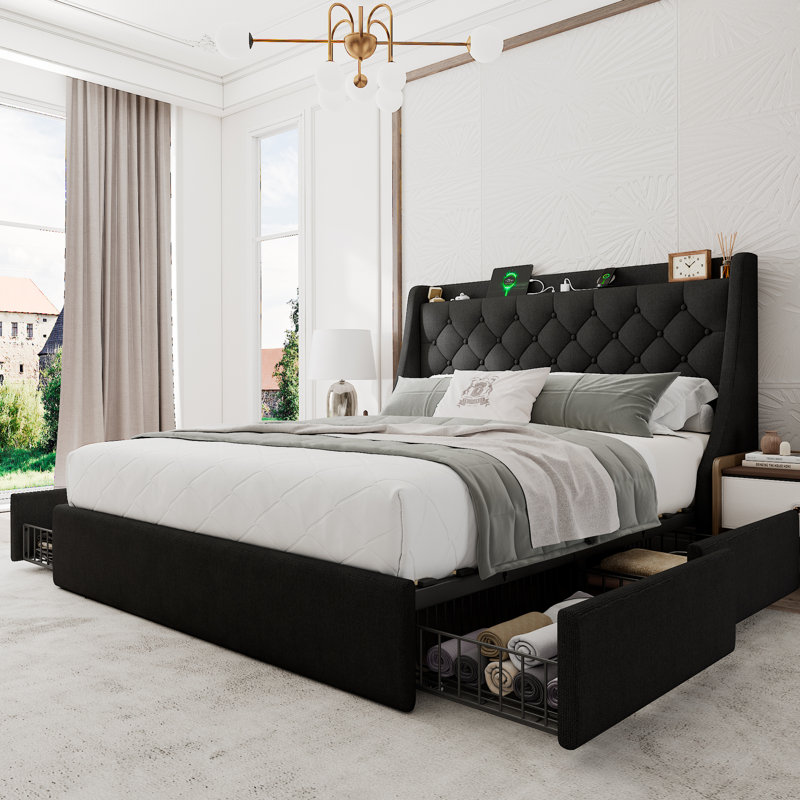  Cadre de grand lit avec 4 tiroirs de rangement, cadre de lit plateforme tapissier avec ports USB Type-C et USB, tête de lit à oreilles avec rangement, noir