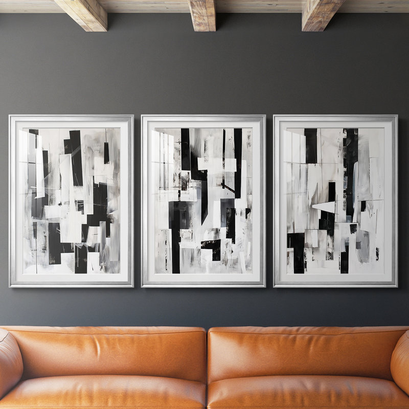 ABSTRACT Series XL - Impression encadrée de qualité supérieure sur mesure mat - 3 pièces, H 39 po x l 81 po, Argent argent
