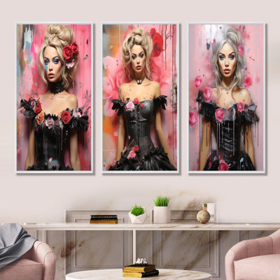 «Black and Pink Sensual Fashion Doll I - Woman Pop Art», ensemble de 3 reproductions d'art mural