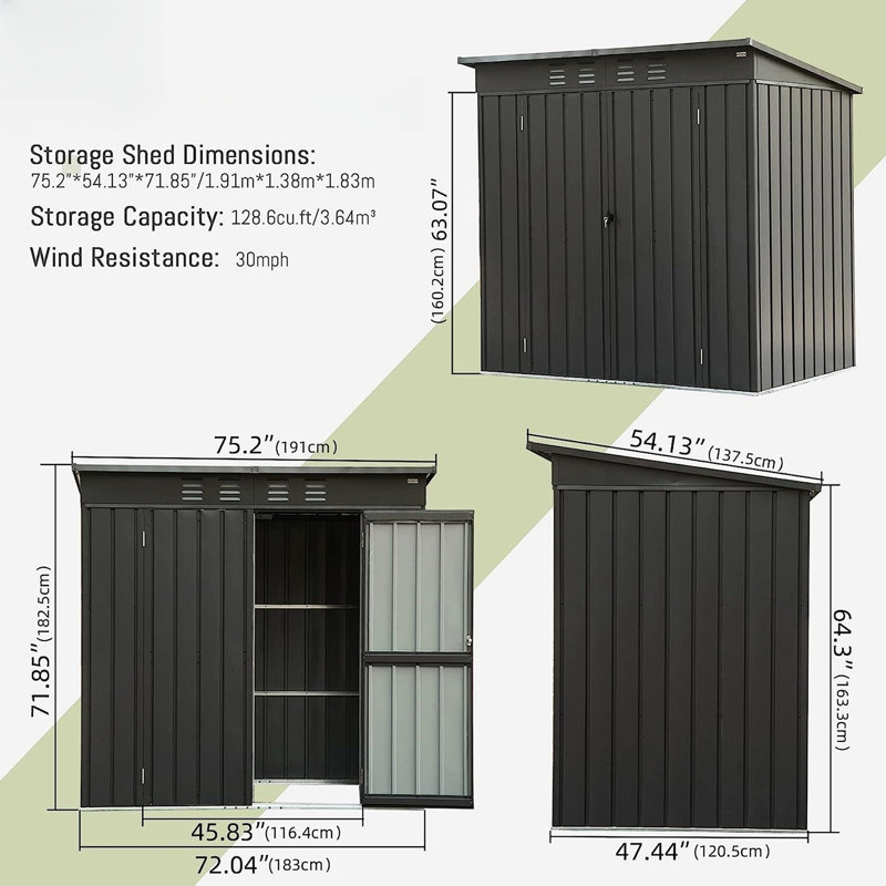Remise en métal 6 x 4 pi avec toit - poutre de soutien extérieure noire