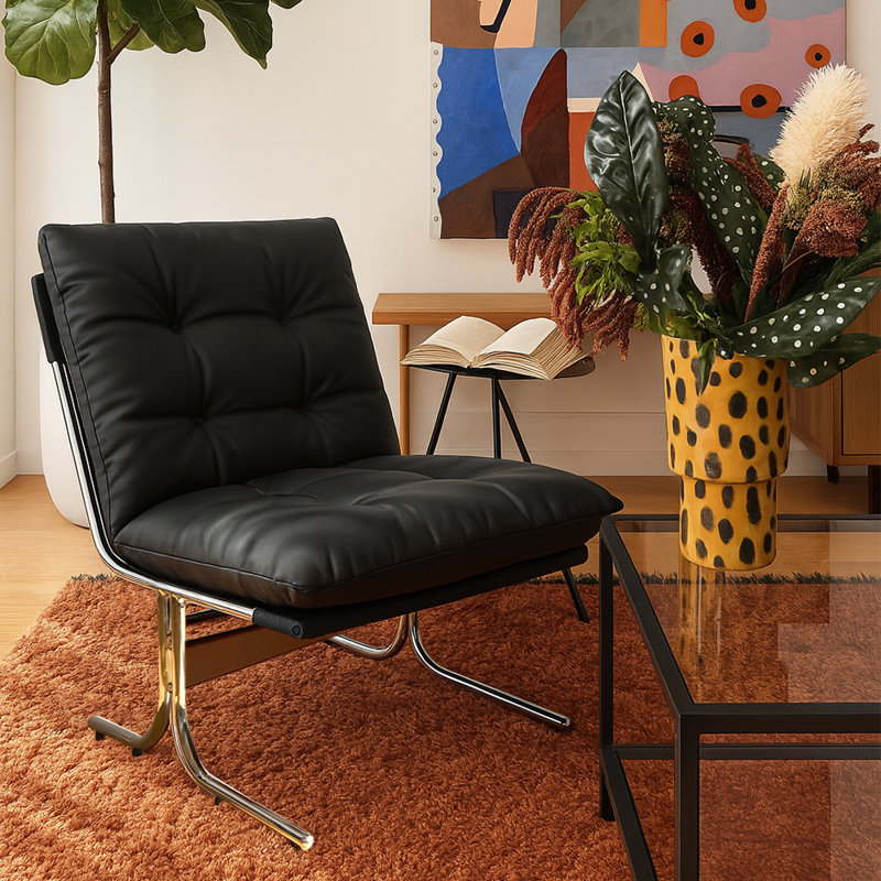 Fauteuil d'appoint à dossier haut en similicuir haut de gamme Mid-Century avec structure en métal, Similicuir noir