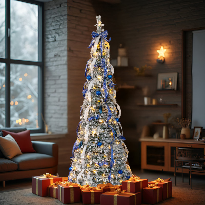 Arbre de Noël artificiel enneigé 7 pi, PVC vert, 200 DEL blanc chaud, télécommande, ornements bleus et argentés