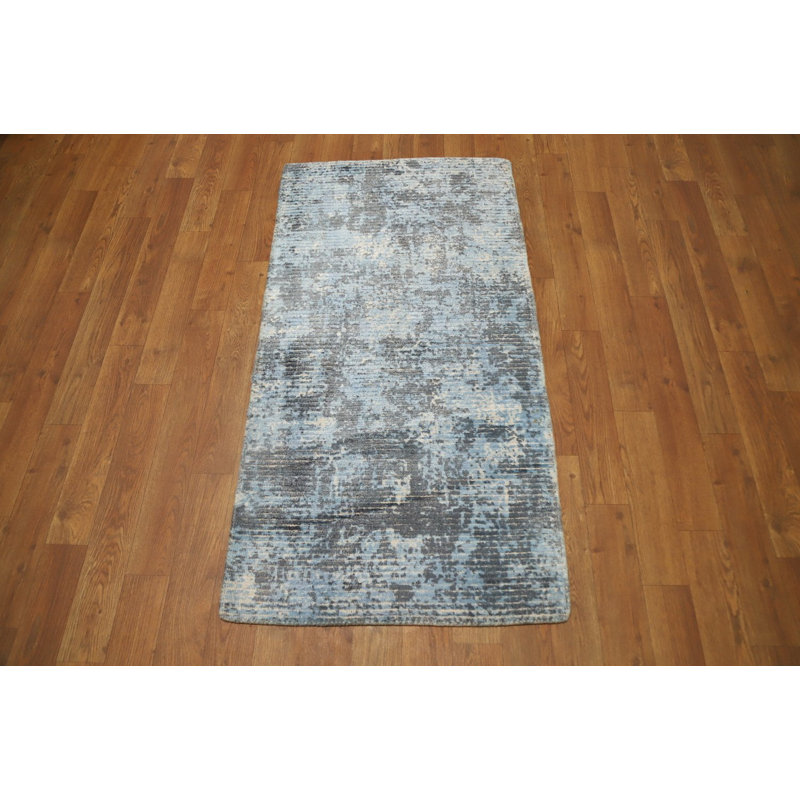 Tapis abstrait bleu fait à la main 2 x 4 pour intérieurs modernes