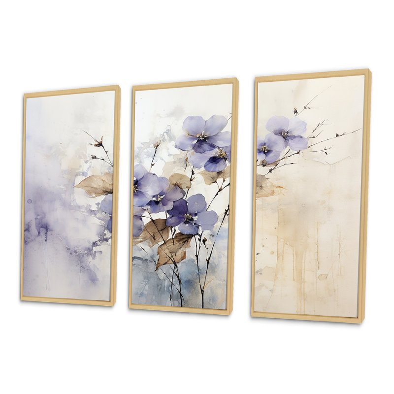 Beige And Purple Adorned Violets - Violets Wall Decor Set, 28" H x 36" W, Maple Floater Framed