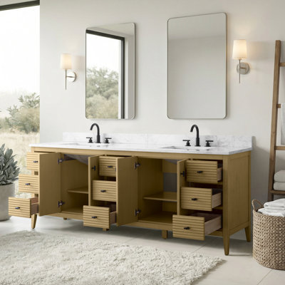 84" Double Sink Freestanding Bath Vanity with Engineered Marble Top